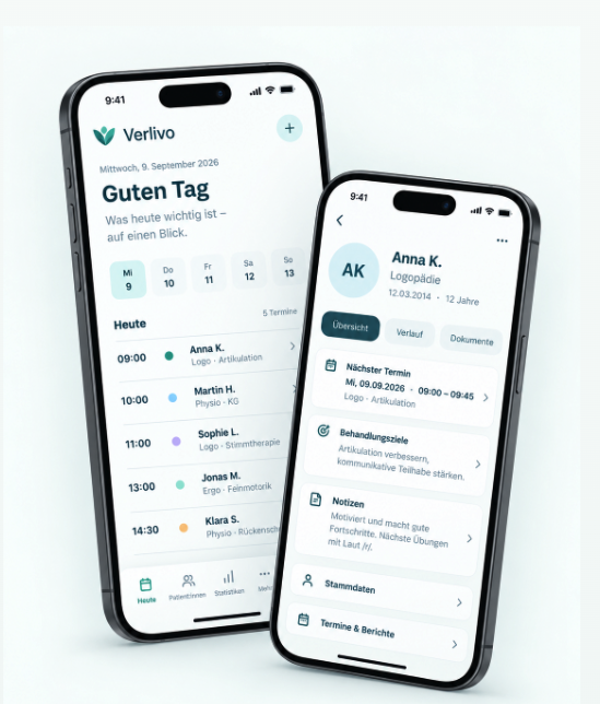 Zwei realistische iPhone-Ansichten der Verlivo-App mit Terminübersicht und Patientenakte